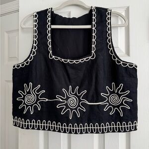 Rails Black Embroidered Crop Tank Top with White Sun Motif